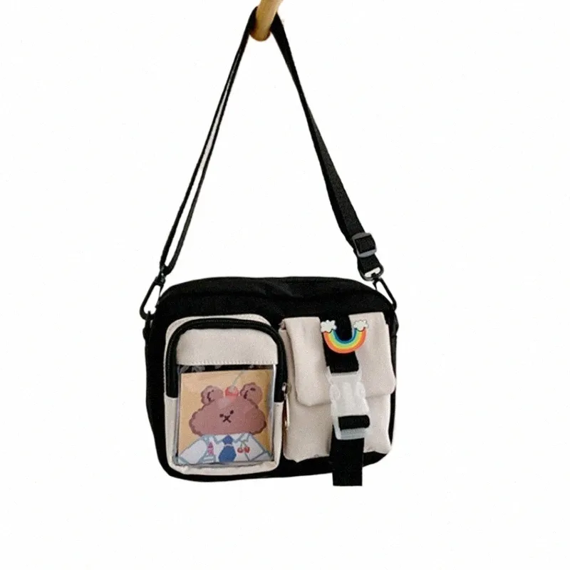 Estilo japonés Kawaii Bolsos Mujeres Patchwork Color Nyl Bolsa Multibolsillos Bolsa de hombro Estudiante Bolsa de escuela Bolsas cruzadas Tote K62T #