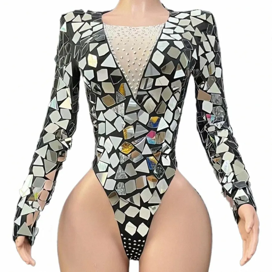 Novo Sparkly Sier Mirrors Bodysuit Sexy LgSleeves_eotard Gogo Stage Performance BirthdayCelebrate Dance Costume Rave Outfit Y4KH #