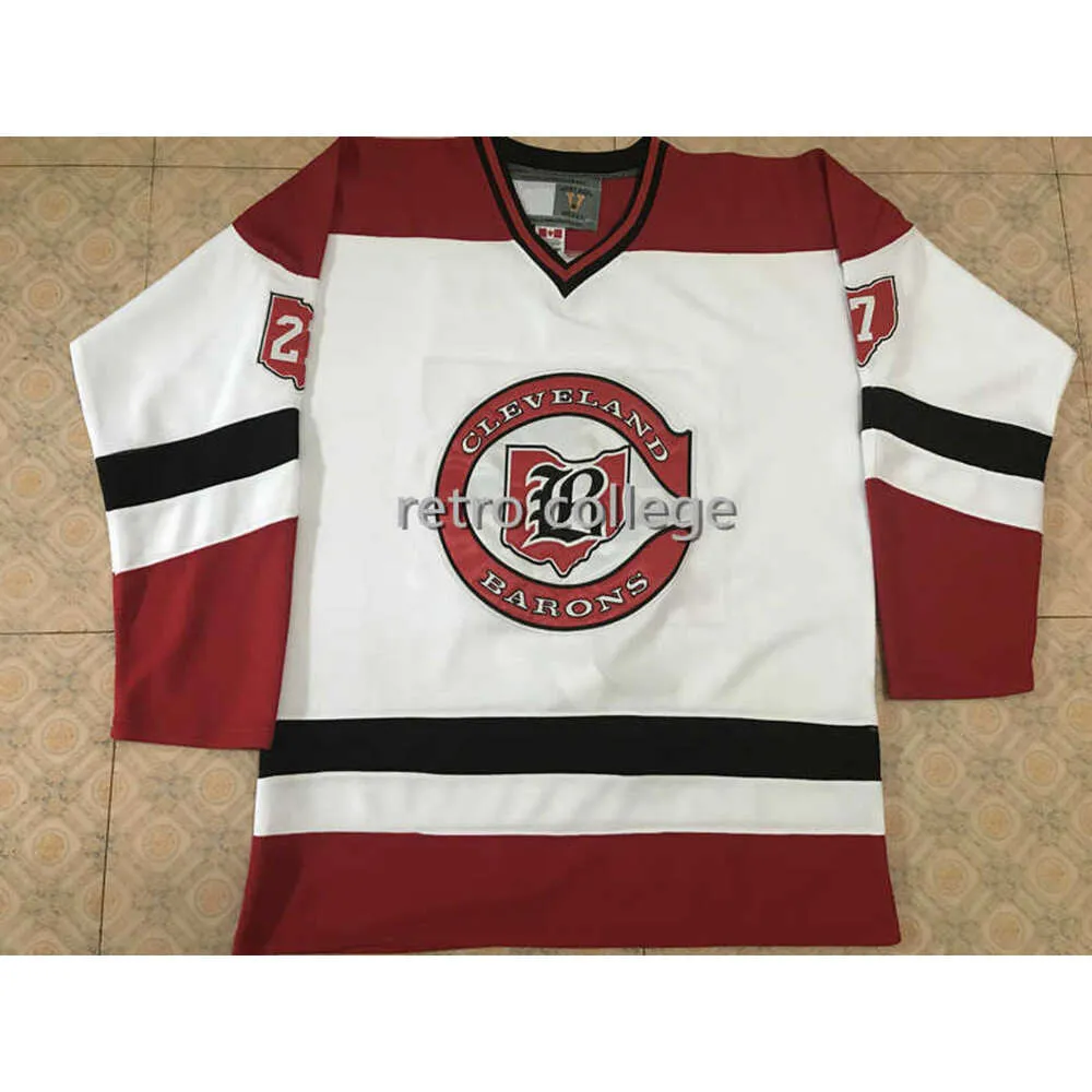 24s Cleveland Barons # 27 Gilles Meloche Hockey Jersey Vermelho Branco Bordado Costurado Personalize qualquer número e nome Jerseys