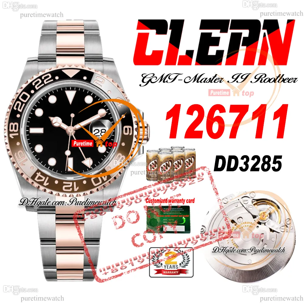 Rootbeer 126711 DD3285 Reloj automático para hombre Clean CF Dos tonos Oro rosa Marrón Bisel de cerámica Esfera negra Pulsera de acero 904L Super edición Misma tarjeta de serie Puretime f2