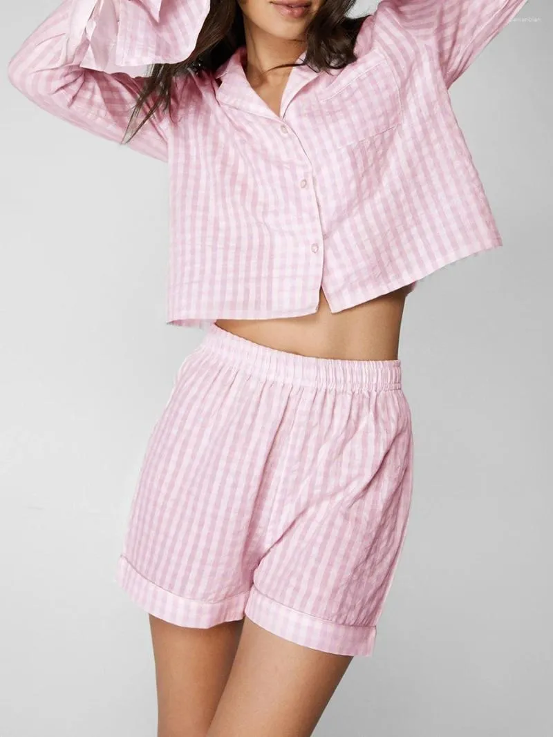 Startseite Kleidung Damen 2-teilige Pyjama-Sets Y2K-Shorts-Set Kurzarm-Button-Down-Hemd und Hose Nachtwäsche Loungewear