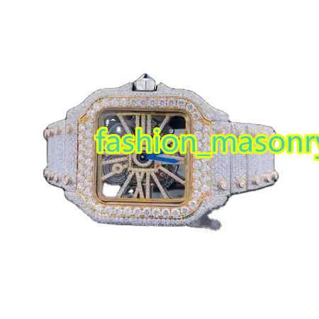 Moissanite Skeleton Dual Tone VVs نشأت إلى أسفل المثلج مشاهدة A1016 مع VVS Moissanite Diamond Hip Hop Cuban Watch