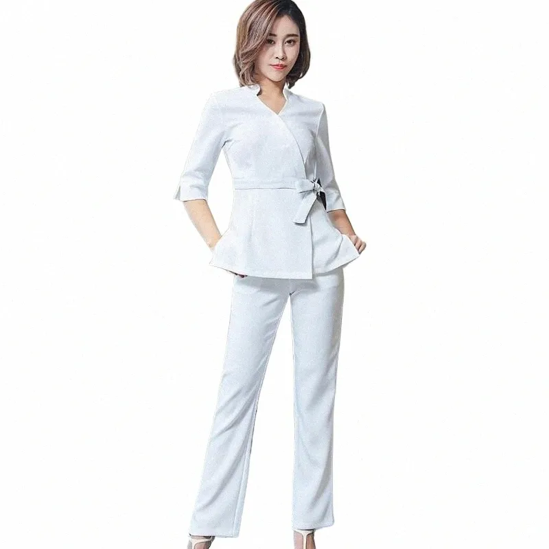 women Fi Spa Hotel Beauty Sal Uniforms Manicurist Beautician Workwear Cross Neck Top Loose Pants Beautician Uniform AS186 X7vy#