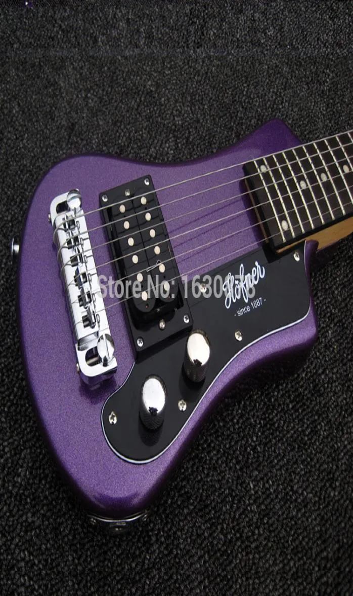 Easytaking Custom Metallic Purple Left Handed Hofner Shorty Travel Guitar Protable Mini Electric guitar With Cotton Gig Bag1443745