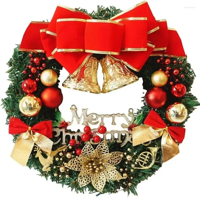 Decorative Flowers Christmas Wreath For Door Wall Windows Artificial Poinsettia Xmas Decoration With Tinkle Bell Bowknot And Small Ornaments