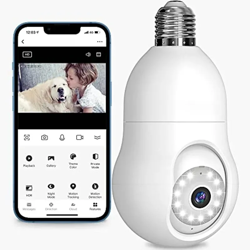 Caméra de sécurité à ampoule 2024 4MP, 2.4GHz, 360 °, 2K, WiFi, détection de mouvement en couleur pour l'extérieur, Compatible avec Alexa Proy