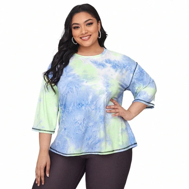 Plus-storlek Casual Tie Dye Tops Women 3xl 4xl 5xl 6xl 7xl Quarters Sleeve Summer Spring Fi Ladies T-shirt Stor storlek TEE 8XL 01JO#