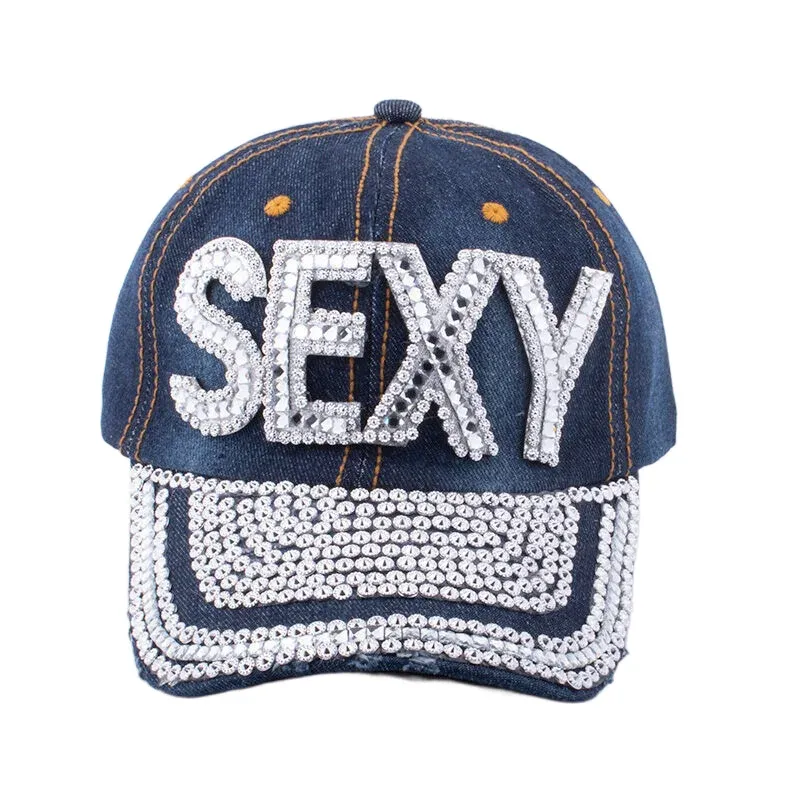 Sparkling Rhinestone Letter Studded Denim snapback baseball