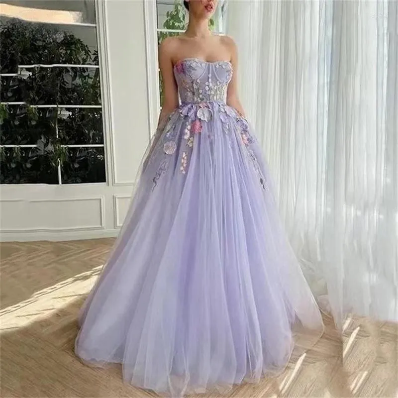 Party Dresses Purple Tulle Flowers Prom Dress Pastoral Floral Princess Strapless Backless Evening Gown 2024 Elegance Wedding