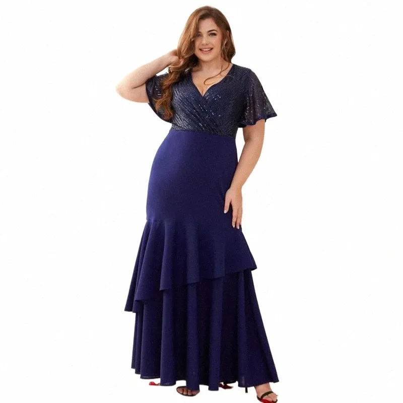 Summer Plus Taille 4XL5XL Bleu Royal Paillettes Manches Courtes Col V Dr Élégant Luxe Fête Maxi Fishtail Dres 2023 Plus Taille x1qe #