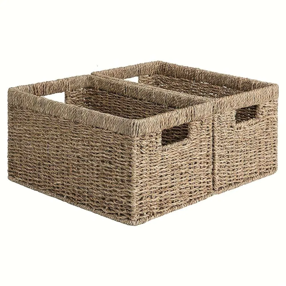 2pcs Seagrass Woven Baskets, Rectangular Wicker Baskets with Built-in Handles, Organization and Storage for Kitchen Bathroom Bedroom Living Dorm Office, Room