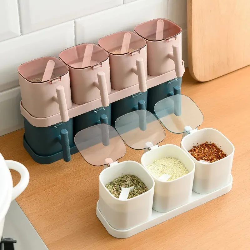 2024 Spices Box Pepper Spice Shaker Salt Seasoning Organizer Kitchen Cruet Condiment Bottle Jars Container with Spoons - for Kitchen - for