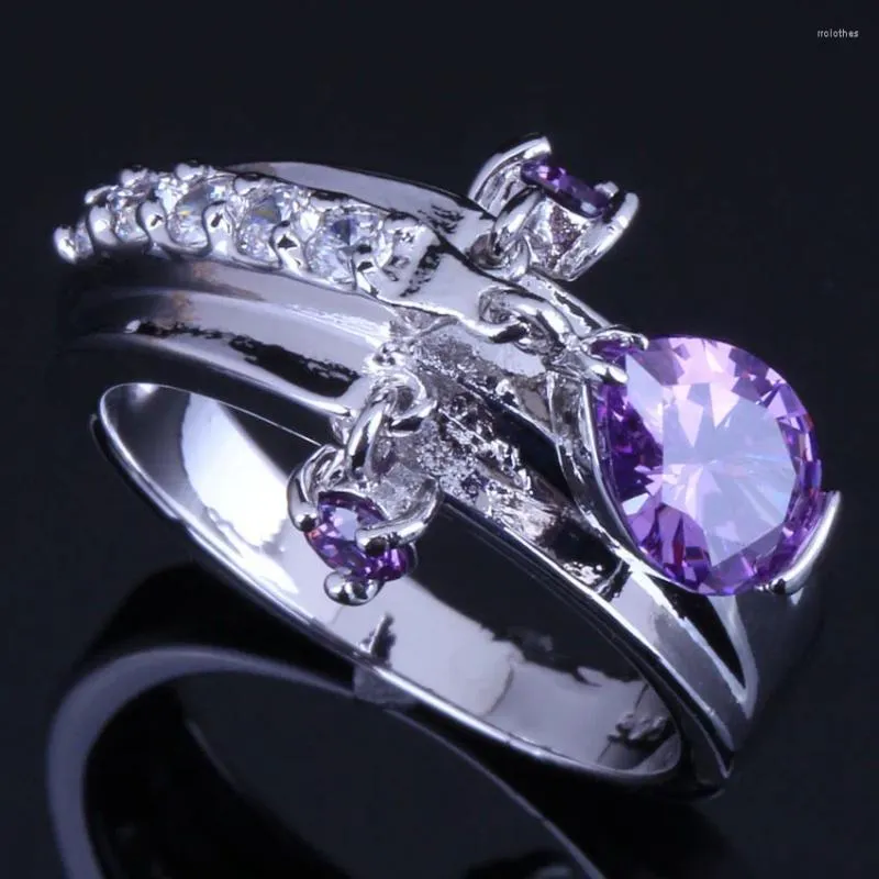 Cluster Rings Graceful Water Drop Purple Cubic Zirconia White CZ Silver Plated Ring V0397