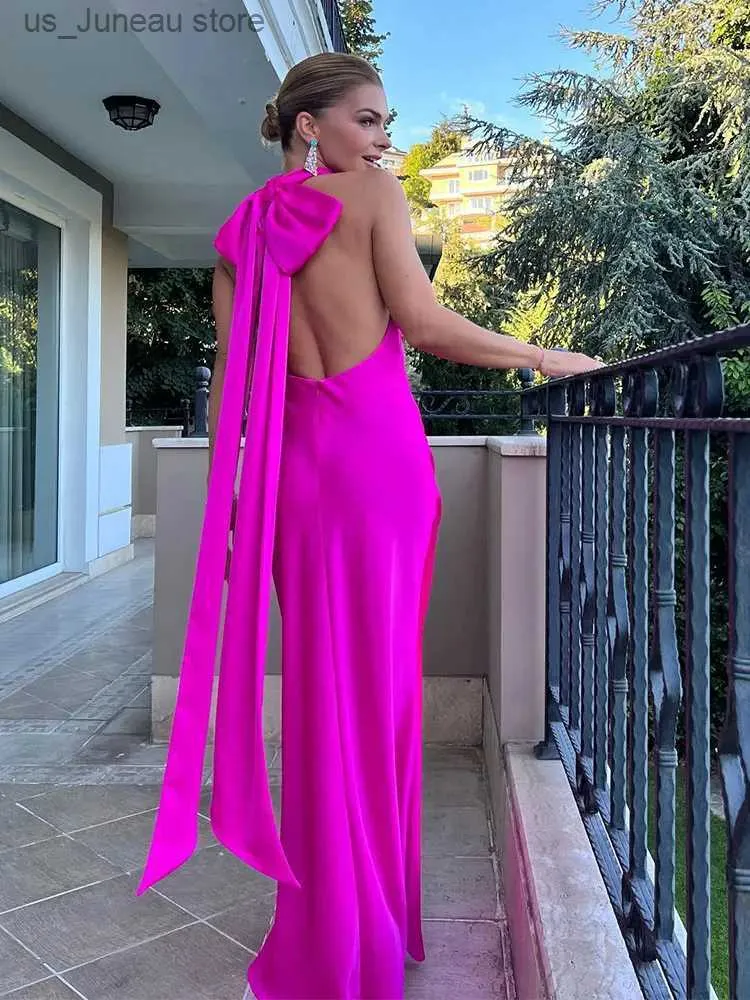 Elegant Halter Maxi Dress Women's Sleeveless Backless Lace Up Long Dress,  Solid Color Summer Holiday Party Robes