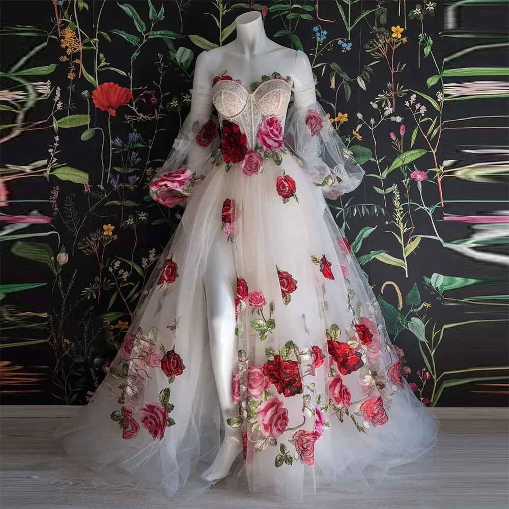 Wedding Dress Formal Floral Dresses With Sleeves Floral Lace Prom Dress  Sweetheart Puff Sleeves A-Line High Slit Evening Gown