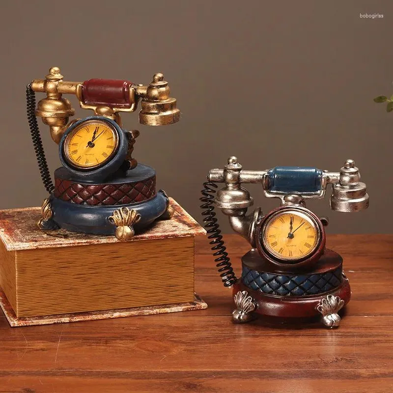 Table Clocks Retro Telephone Models Ornaments Creativity Study Cafes Restaurant Resin Clock Home Decorations