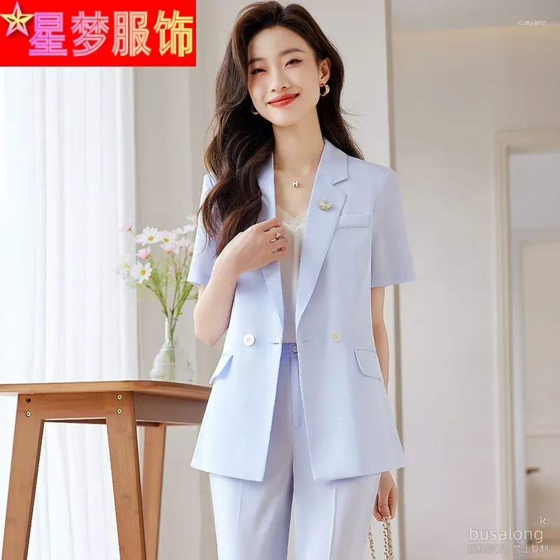 Women's Two Piece Pants Summer 2024 Short Sleeve Business Clothing Style Small Suit Jacket Formal Wear Slim Fit Fashion