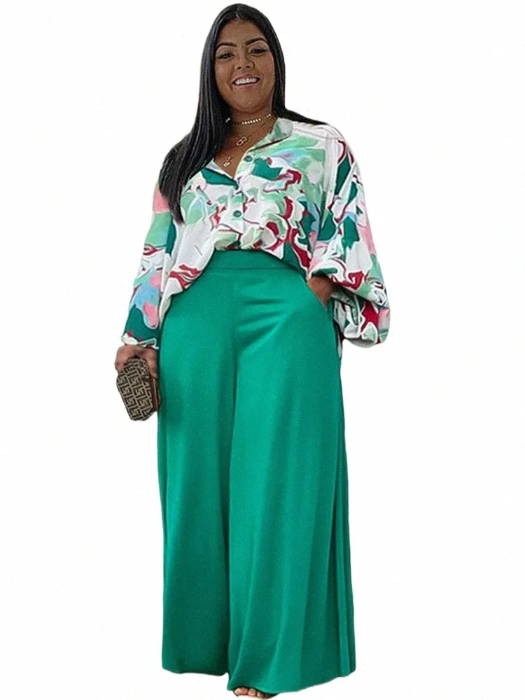 WMSTAR Plus Size Two Piece Set Women 2022 Print Shirts Tops and Pants Pockets Wide Leg Fall Fi Matching Suit Dropship U4if#