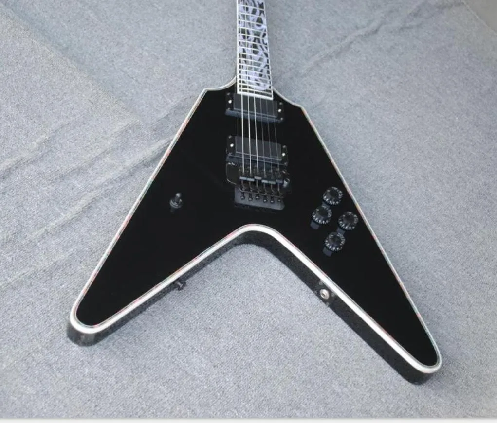 Flamethrower Flying v Ultima Fire Tiger Glos Black Electric Guitar Floyd Rose Tremolo Instricted Mop Abalone Flame Inlay Black 6359308