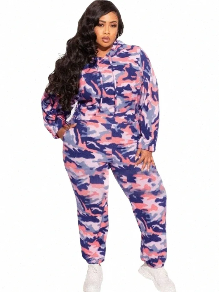 Plus Size Outono Camoue Imprimir 2 Two Piece Set Mulheres Modis Lg Manga Senhoras Com Capuz Moletom Casual Mulher Lápis Calça 2023 F4ma #