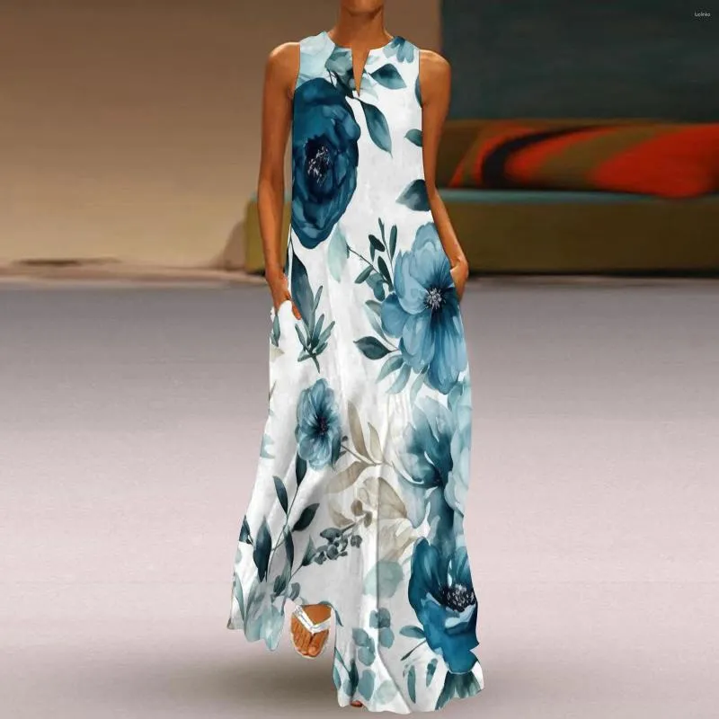 Casual Dresses Temperament Maxi Dress Summer For Women Plus Size V Neck Loose Elegant Long Sleeveless Split Beach Floral