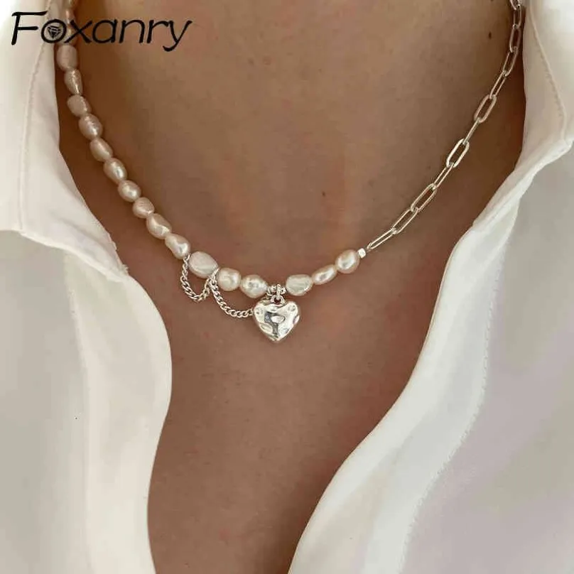 Foxanry 925 Sterling Silver Necklace for Women Trendy Elegant Asymmetry Chain Pearls Smooth Love Heart Brud Smycken Lover Gifts281s