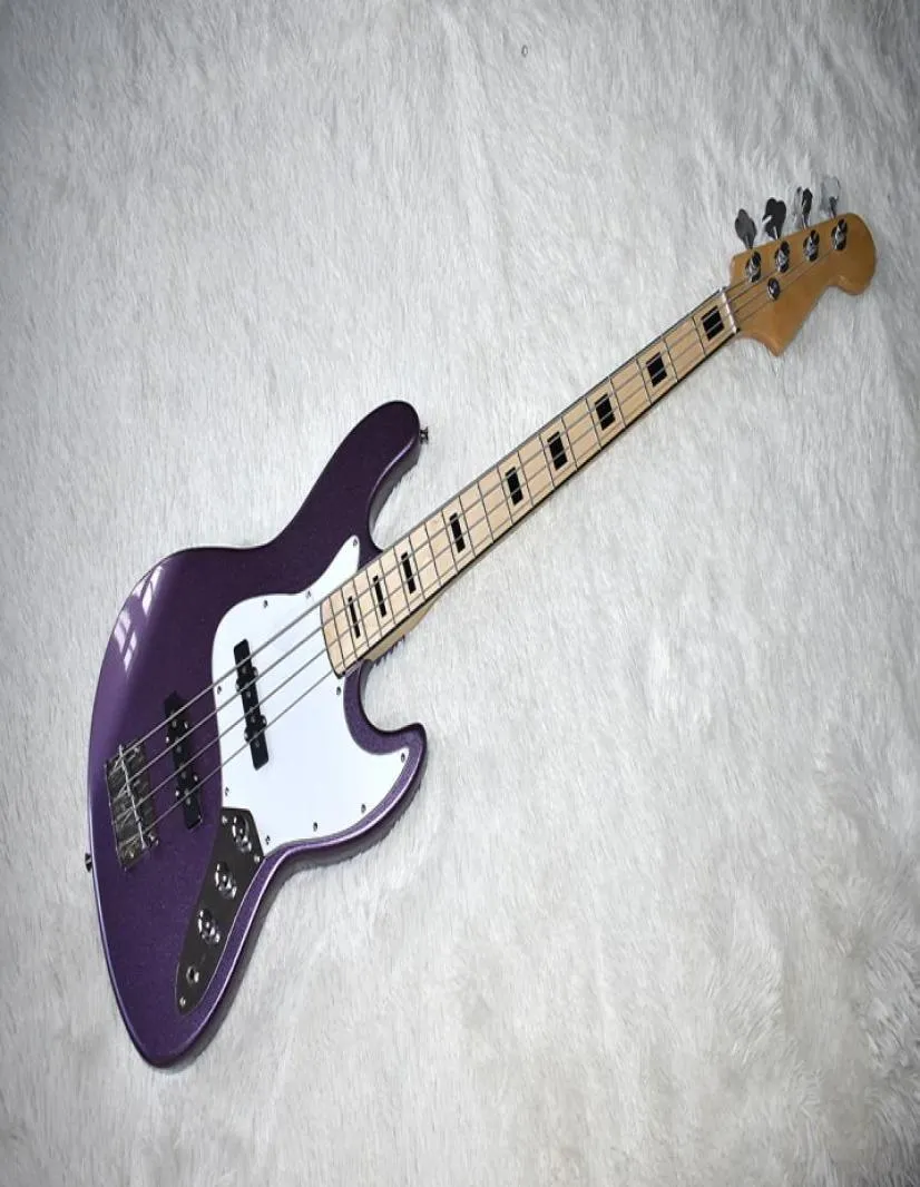 Fábrica personalizada metal roxo 4 cordas guitarra baixo elétrica com bordo fretboard branco pickguard preto bloco traste inlaybe customiz2336423