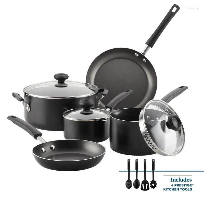 Köksredskap sätter nonstick set för kök 12-delade krukor och pannor Easy Clean Non Stick aluminium diskmaskin-säker matlagning svart