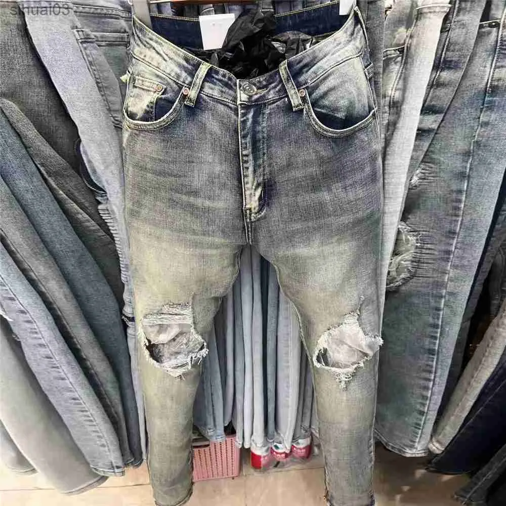 Jeans maschile azzurro flessibile azzurro jean jean strappato jean streetwear streetwear ultra sottile elastico in denim maschile conico da uomo conico jeansl2403