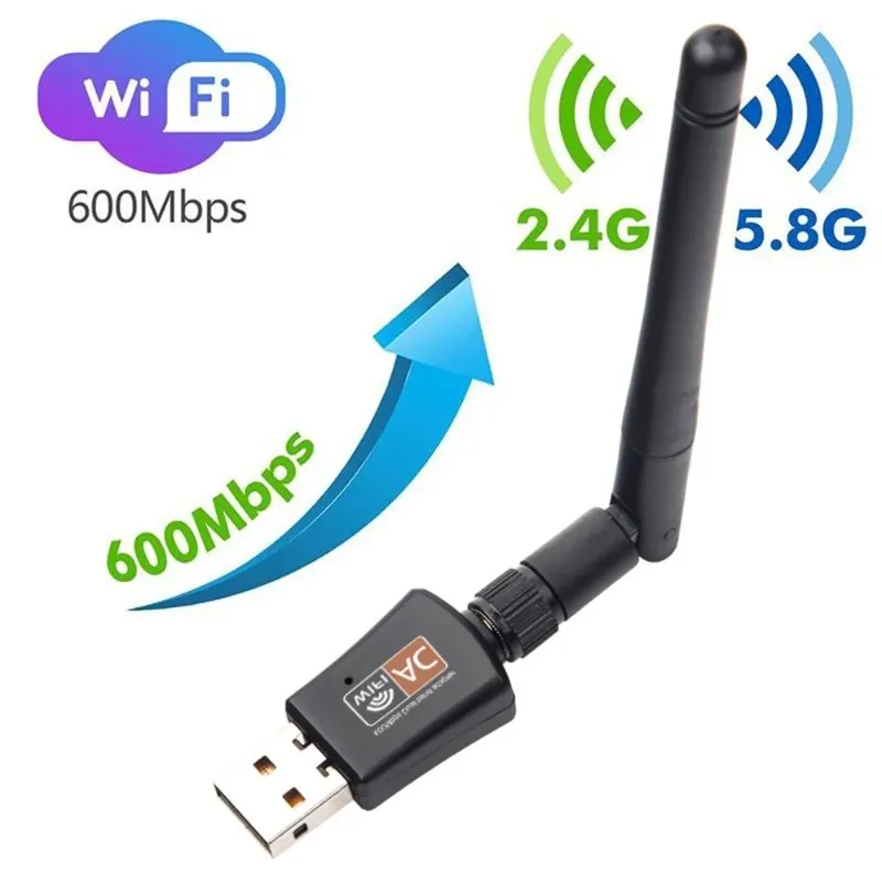 Dual Band USB WiFi 600Mbps Adapter AC600 2.4 GHz 5GHz WiFi med antenn PC Mini Computer Network Card -mottagare 802.11b/n/g/AC