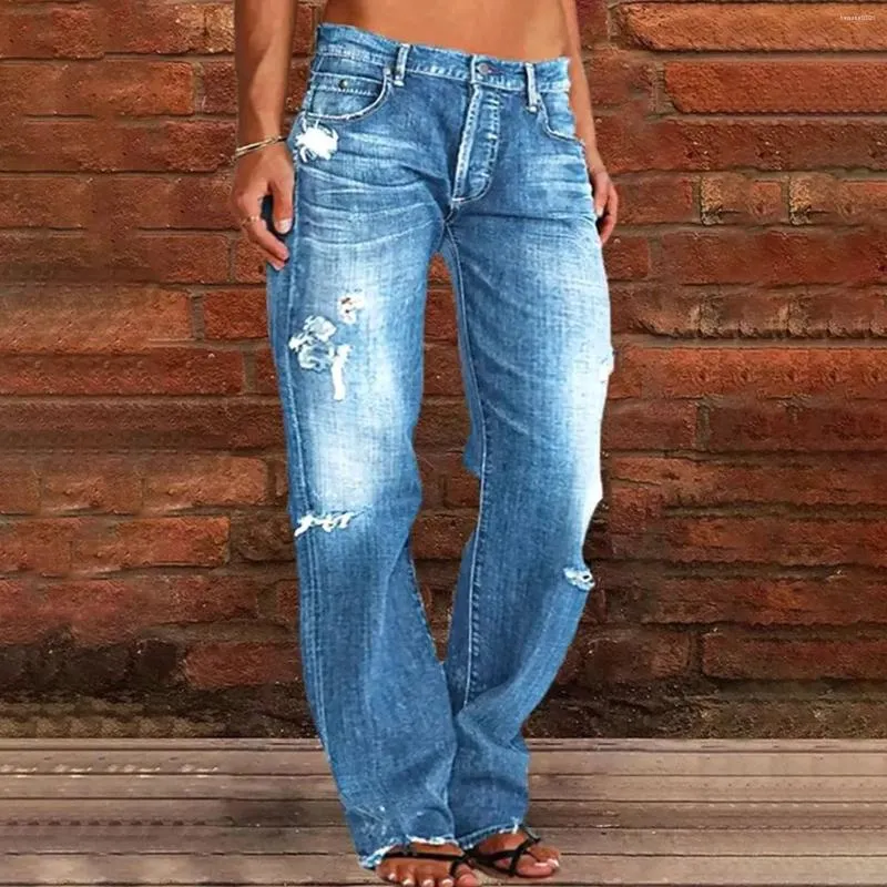 Kvinnors byxor långa raka ben jeans för kvinnor rippade hem låg midja plus storlek avslappnad