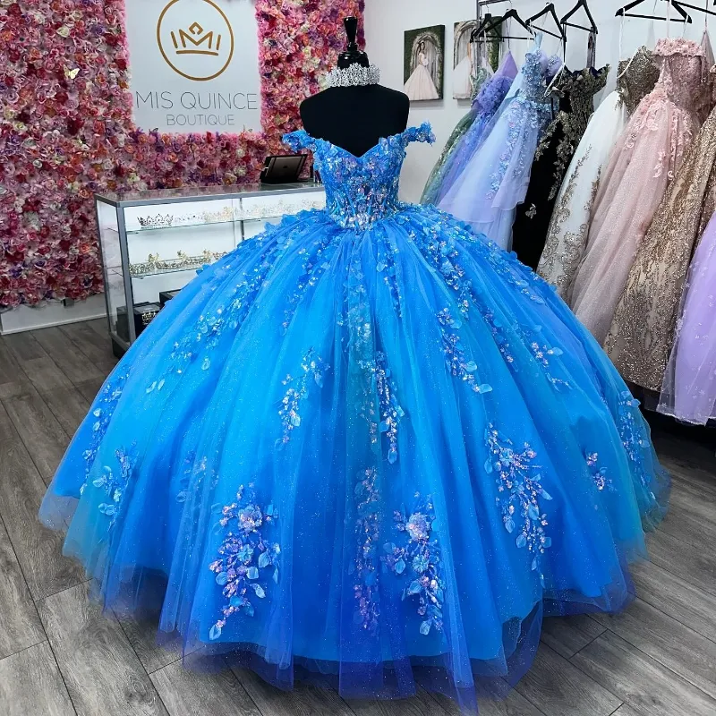 青いスパンコールのアップリケビーズ輝くクリスタルタルボールガウンQuinceaneraは肩のコルセットVestidos de 15 Anosからドレスを着ています