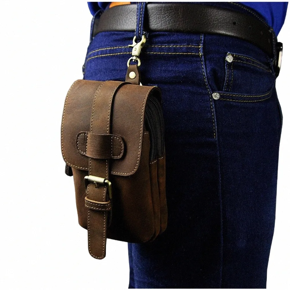 Hombres de cuero real Diseño casual Pequeña bolsa de cintura Bolsa de cuero de vaca Fi Hook Paquete de cinturón de cintura Caja de cigarrillos Phe Bolsa 014 P2SW #