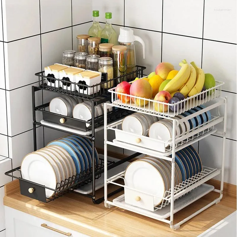 Kitchen Storage AOLIVIYA Tiered Rack Double-layer Cabinet Dishes Tableware Organizer Sink Plate Drain Countertop Spice