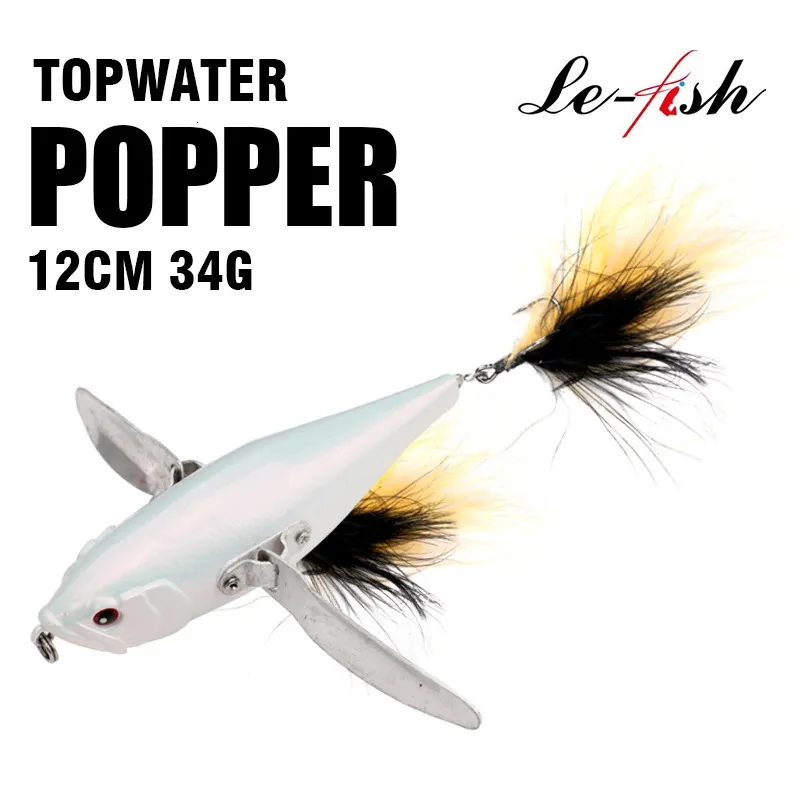 Le Fish 120mm 34g Topwater Popper Fishing Lure Tackle Hard Body Body Stains Steel Wings Pike Perch Floating Wobbler Swimbait 240315