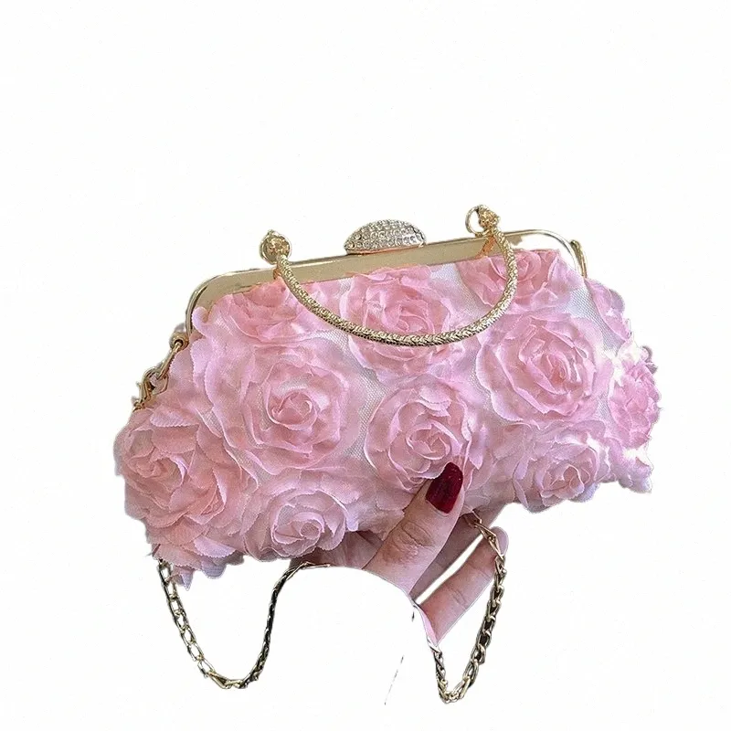 Pink Lace Floral Clutch Bag For Women Fi Chain Shoulder Crossbody Bag Female Tyg handväska Designer Bag Wedding Clip Purse M5po#