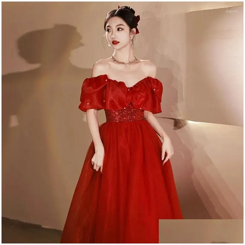 Abbigliamento etnico Off Shoder Abito da sposa da sposa Donna Cheongsam Squisito pizzo Perline Paillettes Festa serale A-Line Mesh Drop Delivery App Otn0V