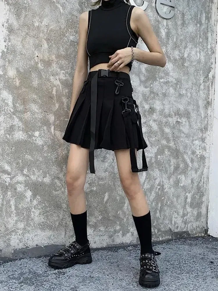 QWEEK Black Uniform Skirt: Womens Techwear Cyber Goth Mini