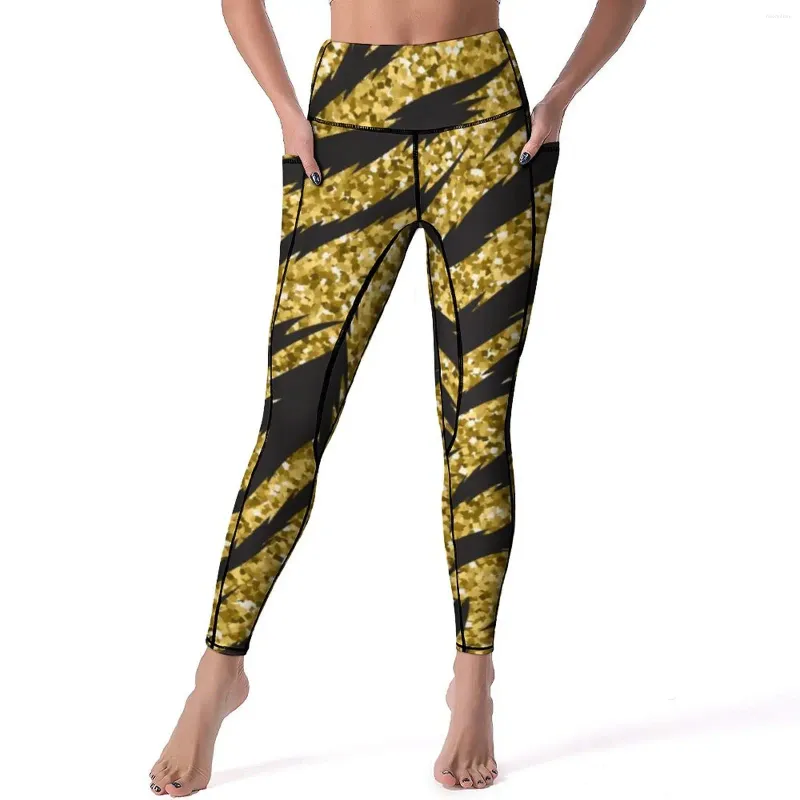 Leggings femininas pele de tigre calças de yoga bolsos listras douradas impressão sexy push up bonito esportes collants de secagem rápida fitness gym leggins