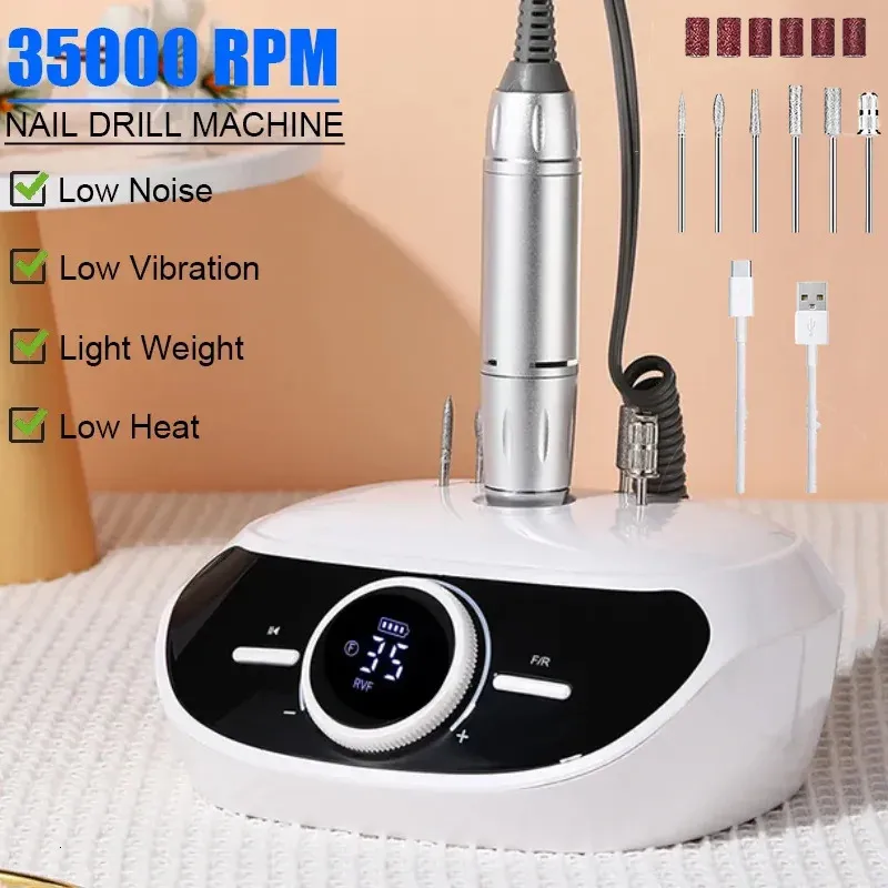 Nail Salon Tool rechargeable Manicure Pedicure Machine Low Vibration 35000RPM Professional Electric Nail Drill 240318