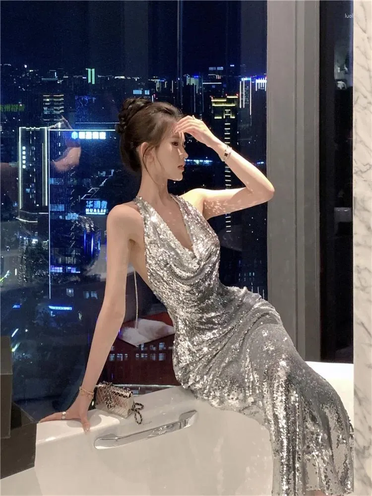 chinese dress ladies Fashion Silver Sparkly Satin Slit New Best Unique Elegant Party Long W –  bridalsew main image 1