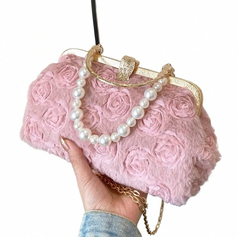 Diseñador Vintage Women Bead Frs Shell Clip Lock Bolsas Rosa Blanco Perla Bolsos y monederos Cadena Bolsas de hombro Fiesta Embrague 036b #