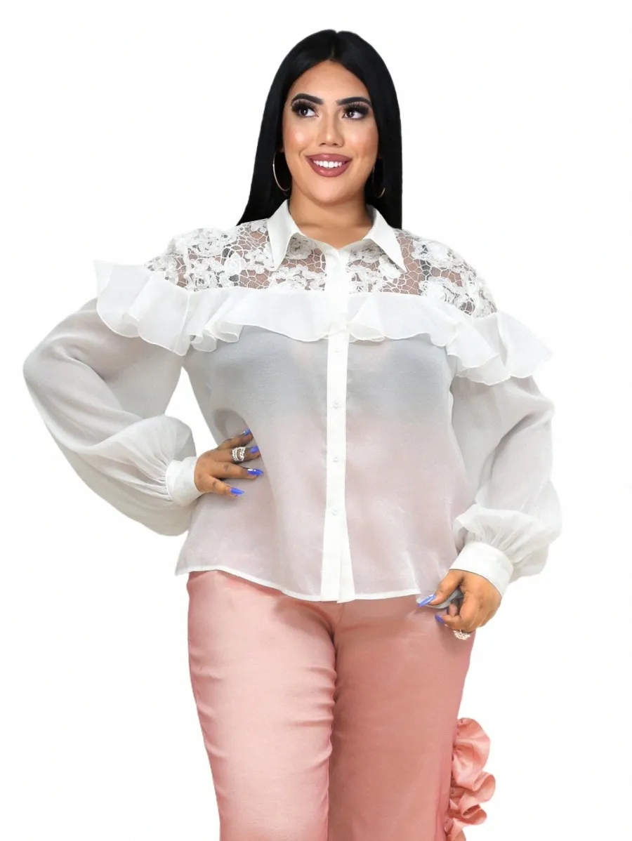 white Vintage Women Lace Patchwrok Blouse Lg Sleeve Butt Up Elegant Female Office Work Shirt Plus Size 4XL 2024 Outfit New E5ER#