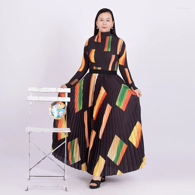 Robes de travail Miyake Style plissé 2 pièces ensembles femmes 2024 automne maïs à manches longues T-shirt ample grande taille jupe costume de fête décontracté