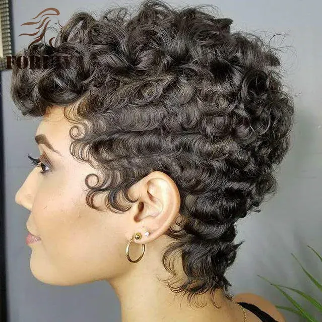 Perruques Foruiya cheveux coupe de lutin perruques courtes Afro bouclés pleine avec frange droite mixte brésilienne perruque synthétique pour les femmes noires