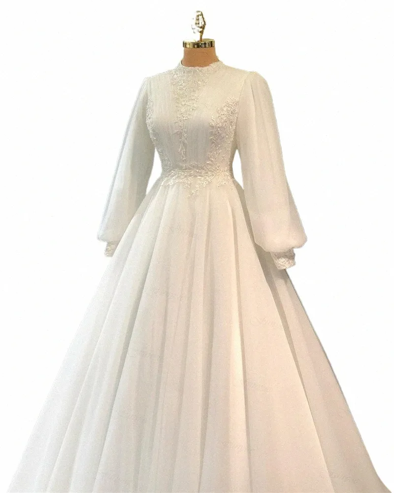 Funyue Ivory LG Sleeve Bride Dr A-Line Tulle spetsmuslimska bröllop Dres applikationer Princ Bridal-klänningar Vestidos de Novia E6MP#