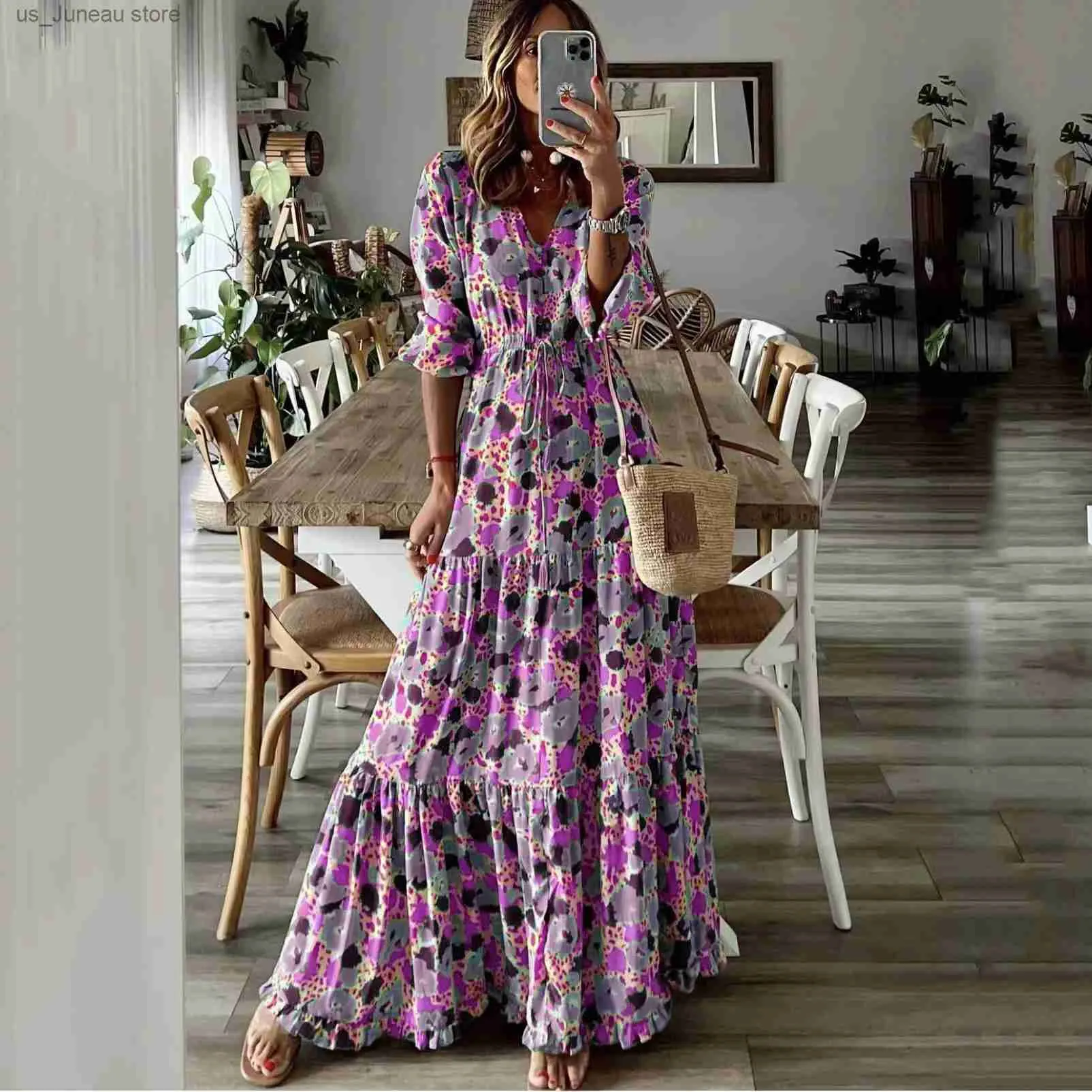 【関税込み】DVF★美しいシルエット★プリタ シャツドレス 黒 DHgate.com:Womens Casual V-Neck Printed Swing Long Dress