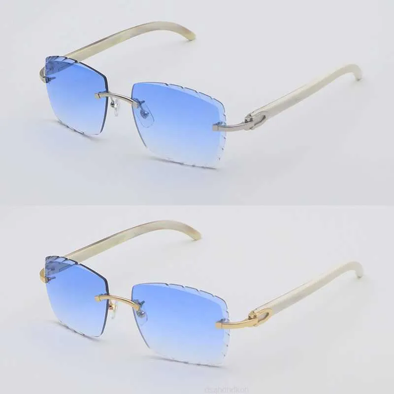 Luxo sem aro óculos de sol mens lentes de sol mujer mulheres designer grande quadrado original branco genuíno chifre natural óculos de sol quadros para lente de corte de diamante tamanho 58mm