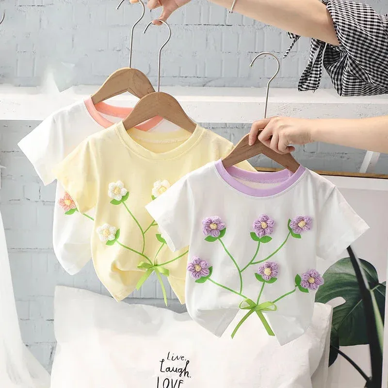 Kindermeisjes Bloem T -shirts Aankomst Kinderen Zomer Bloem Katoen Tops Baby Leuke kleren Paars 240318