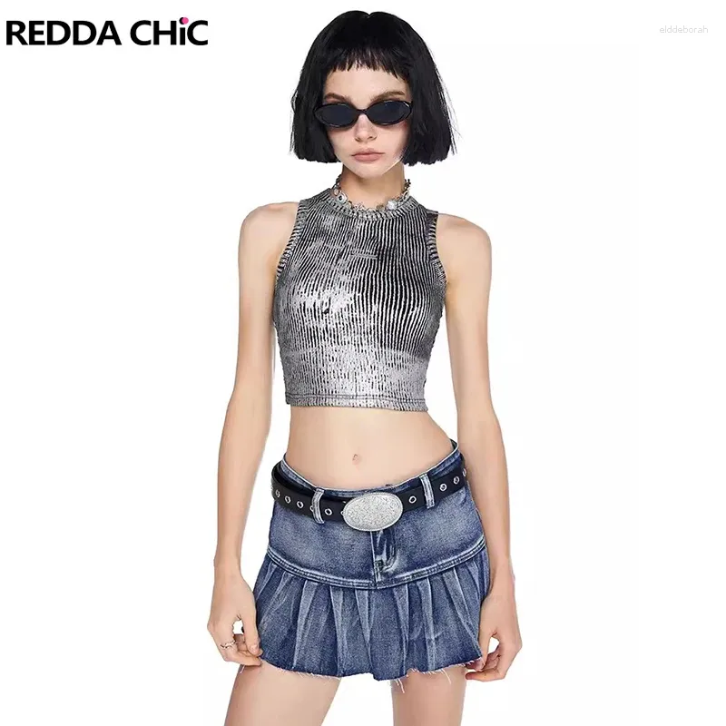 Débardeurs pour femmes ReddaChic Imprimé métallique Crop Top Summer Gilet sans manches Feuille d'argent Ajusté Réservoir de coton côtelé Rétro Y2K Streetwear